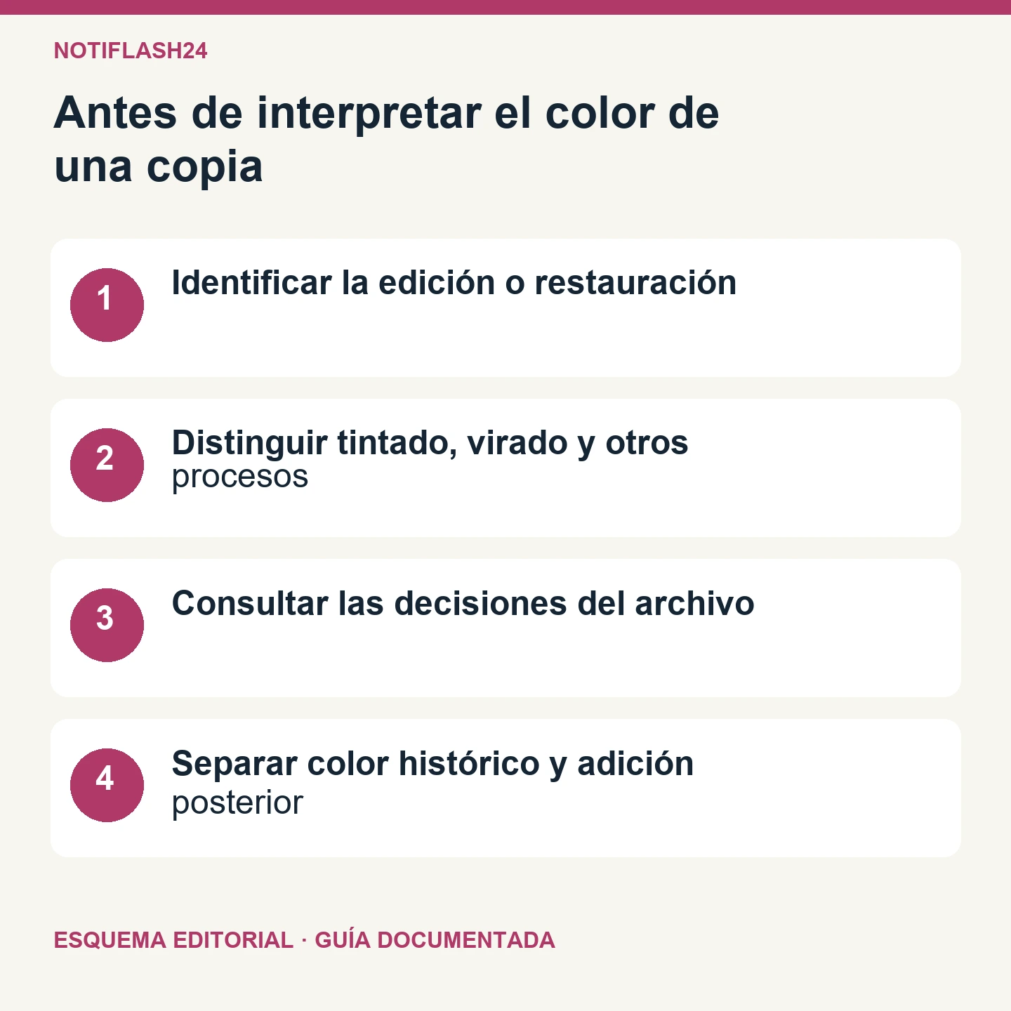 Antes de interpretar el color de una copia. Esquema editorial de cuatro comprobaciones.
