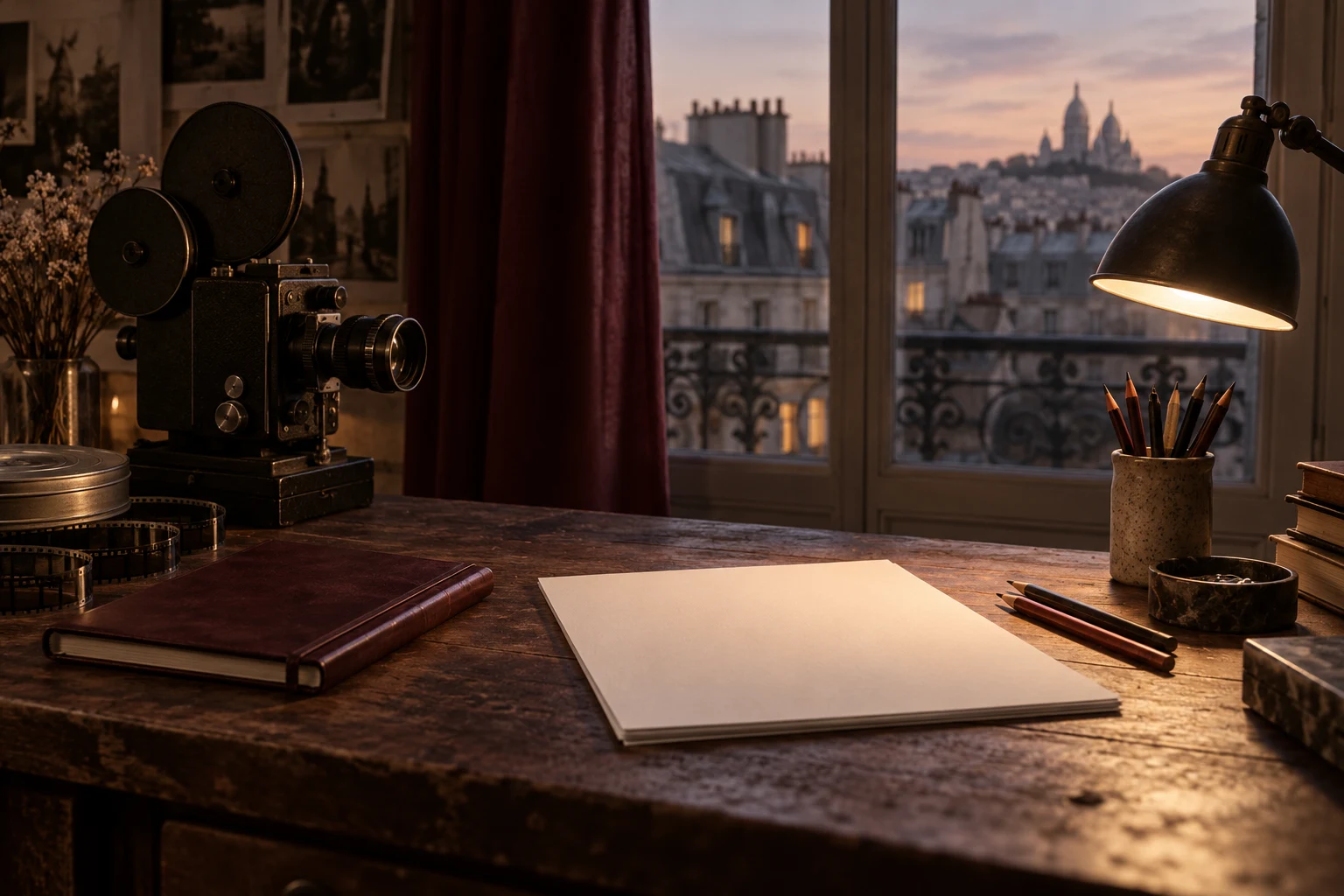 Estudio conceptual de escritura cinematográfica con cámara y papel en blanco