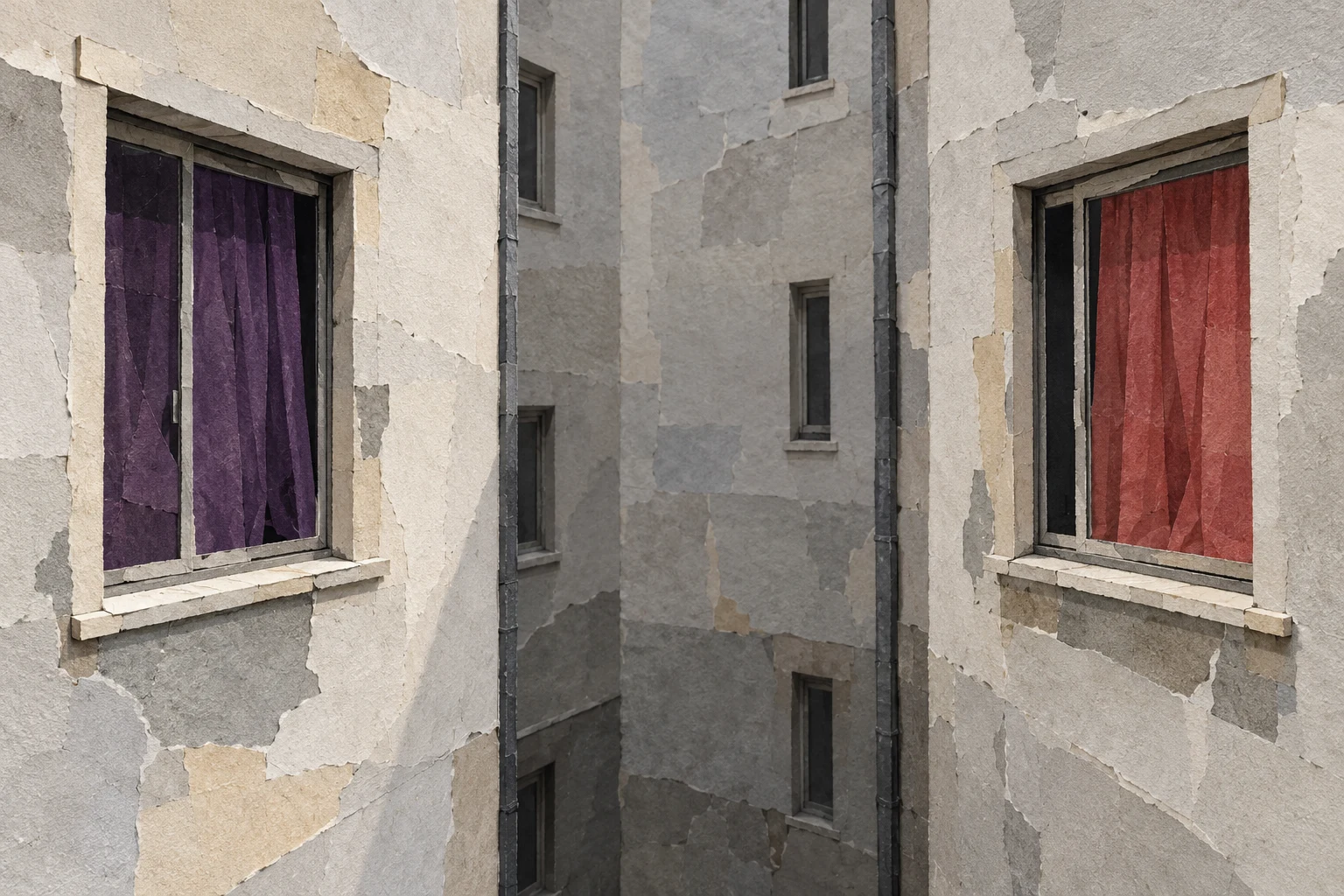 Collage original de dos ventanas frente a un patio ficticio; ilustración conceptual sobre distancia cotidiana, no fotograma, cartel ni escenario de «Esta soledad».