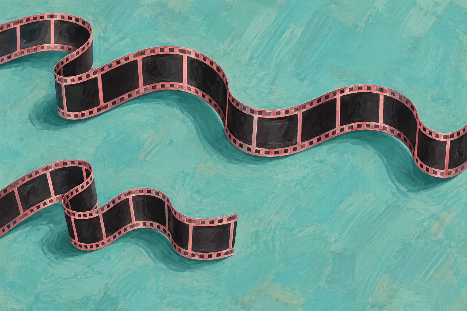 Pintura de cintas de película de longitudes diferentes; metáfora de períodos de observación, sin proporciones medidas, fotogramas ni datos reales de Netflix.