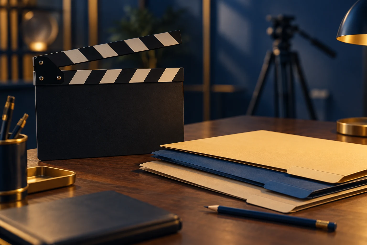 Claqueta sin texto y carpetas en una oficina de producción conceptual; no es una resolución de concesión ni una película financiada.