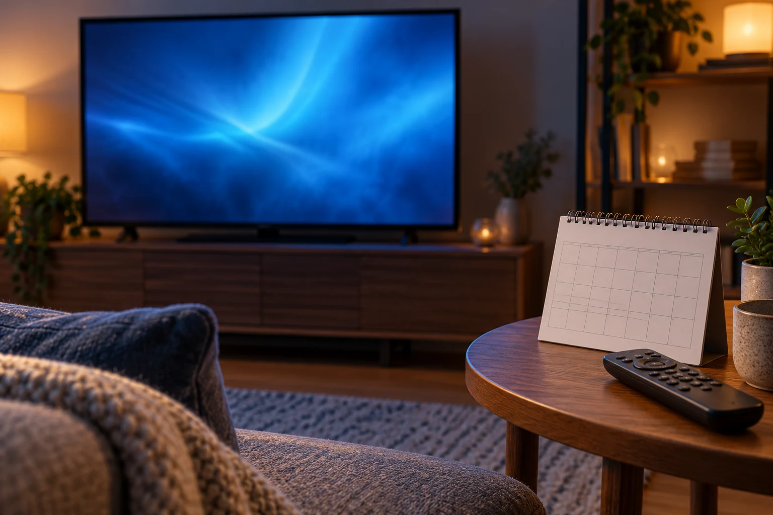 Televisor genérico, mando y calendario sin fechas; ilustración conceptual de una agenda de series.