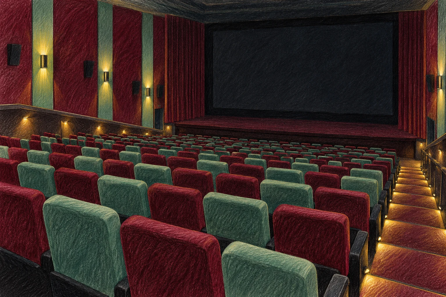 Butacas y pantalla vacía de un cine ficticio dibujado a lápiz; ilustración IA, no sesión infantil, pictograma oficial ni recomendación acreditada de una película.
