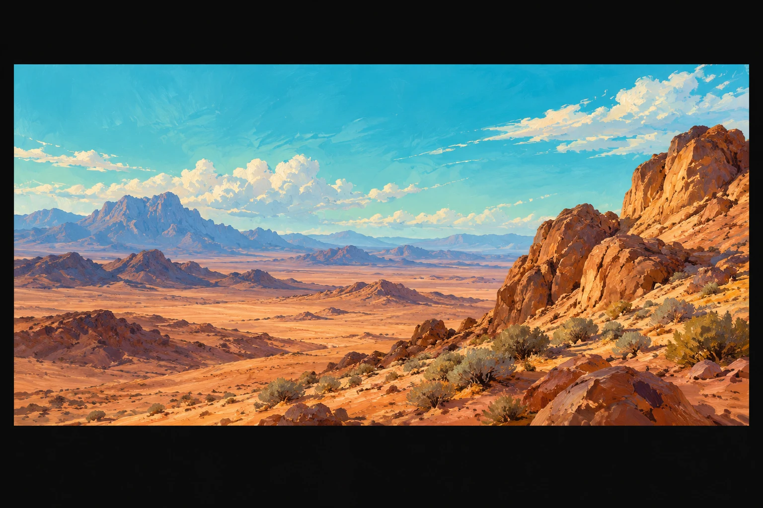 Pantalla ficticia con un paisaje gráfico original y márgenes oscuros; ilustración IA, no fotograma, copia restaurada ni prueba de televisor.