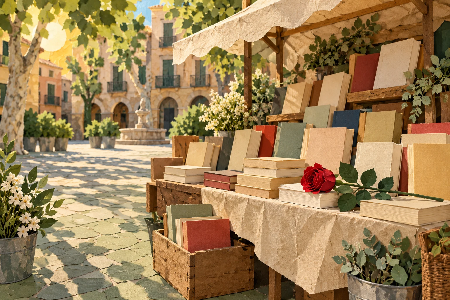 Puesto de libros sin títulos y una rosa en un collage imaginario; ilustración IA de contexto romántico, no fotograma, cartel ni acto real de Sant Jordi.