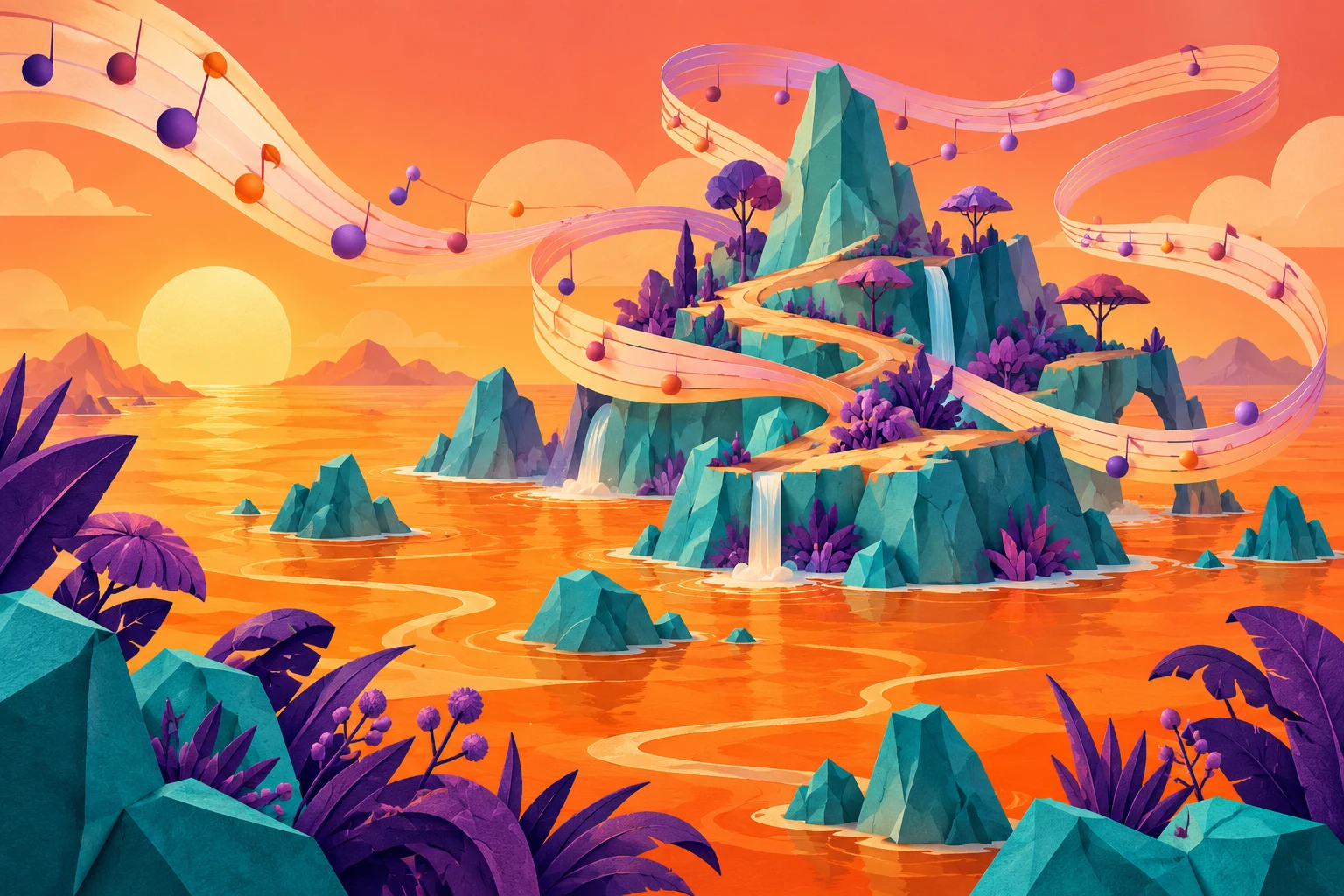 Isla abstracta de papel y cintas musicales originales; ilustración IA ajena a los personajes y fotogramas.