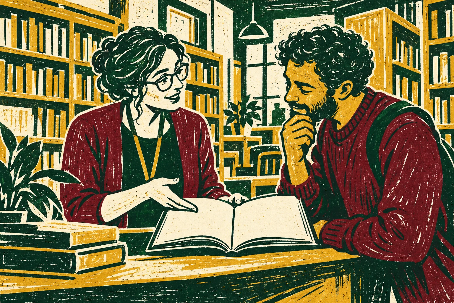 Profesional y visitante ficticios en una biblioteca dibujada; ilustración IA, no personal real, actividad confirmada ni cartel oficial.