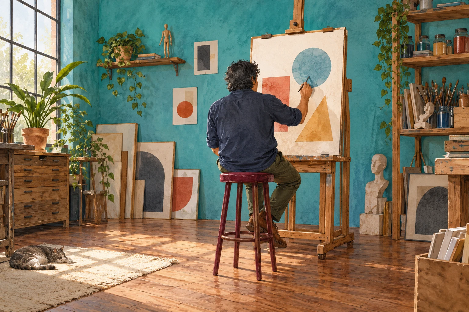 Ilustrador y taller completamente ficticios; ilustración IA, no Milo Manara, su estudio, una obra suya ni una escena del documental.
