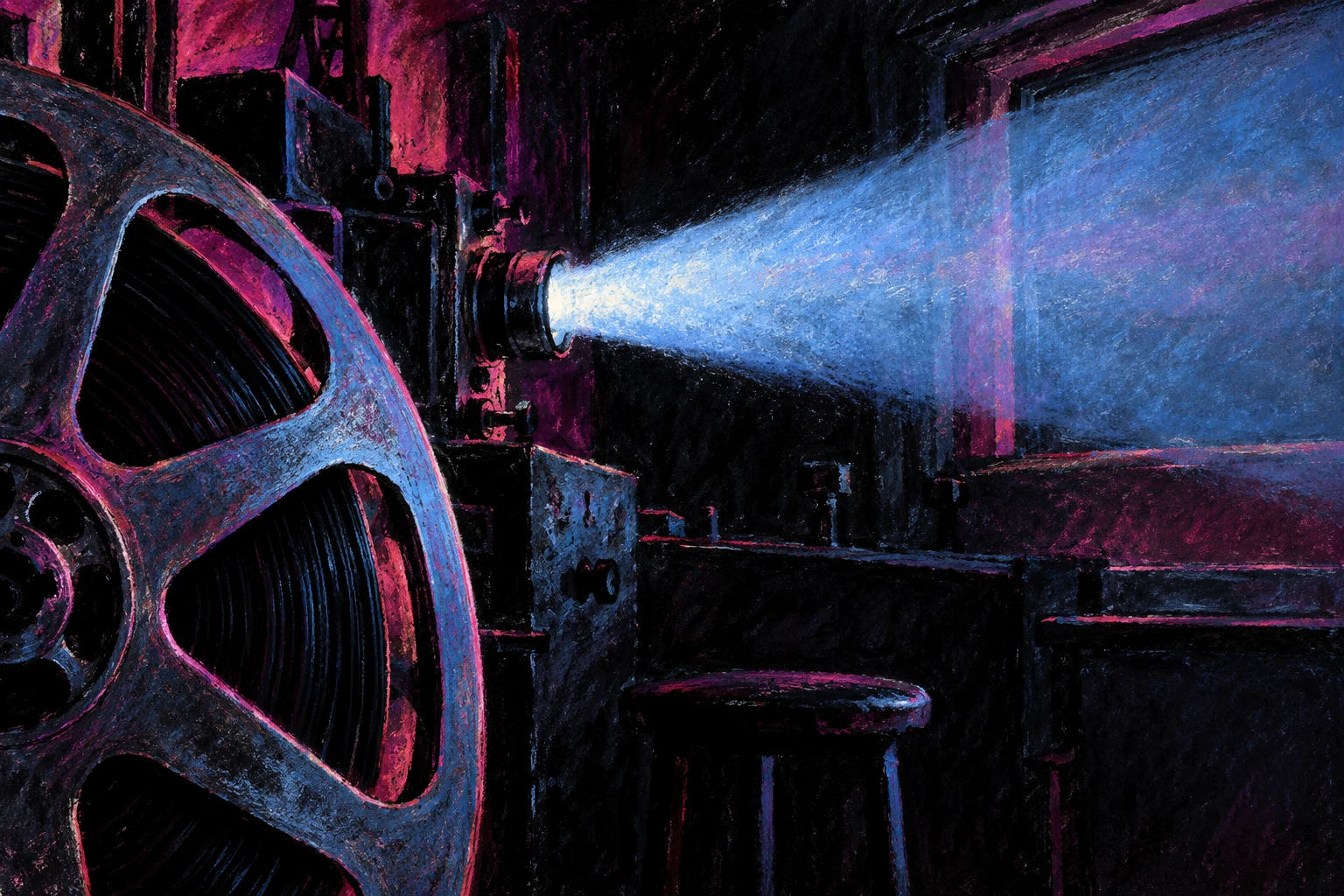 Haz de proyección en cabina inventada, pastel IA sin fotograma ni retrato de cineasta.