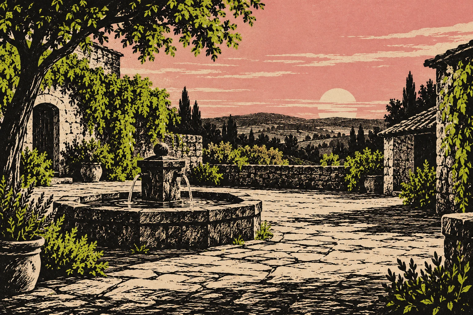 Patio rural completamente imaginario en linograbado; ilustración IA, no un decorado, una escena ni una localización de La Promesa.