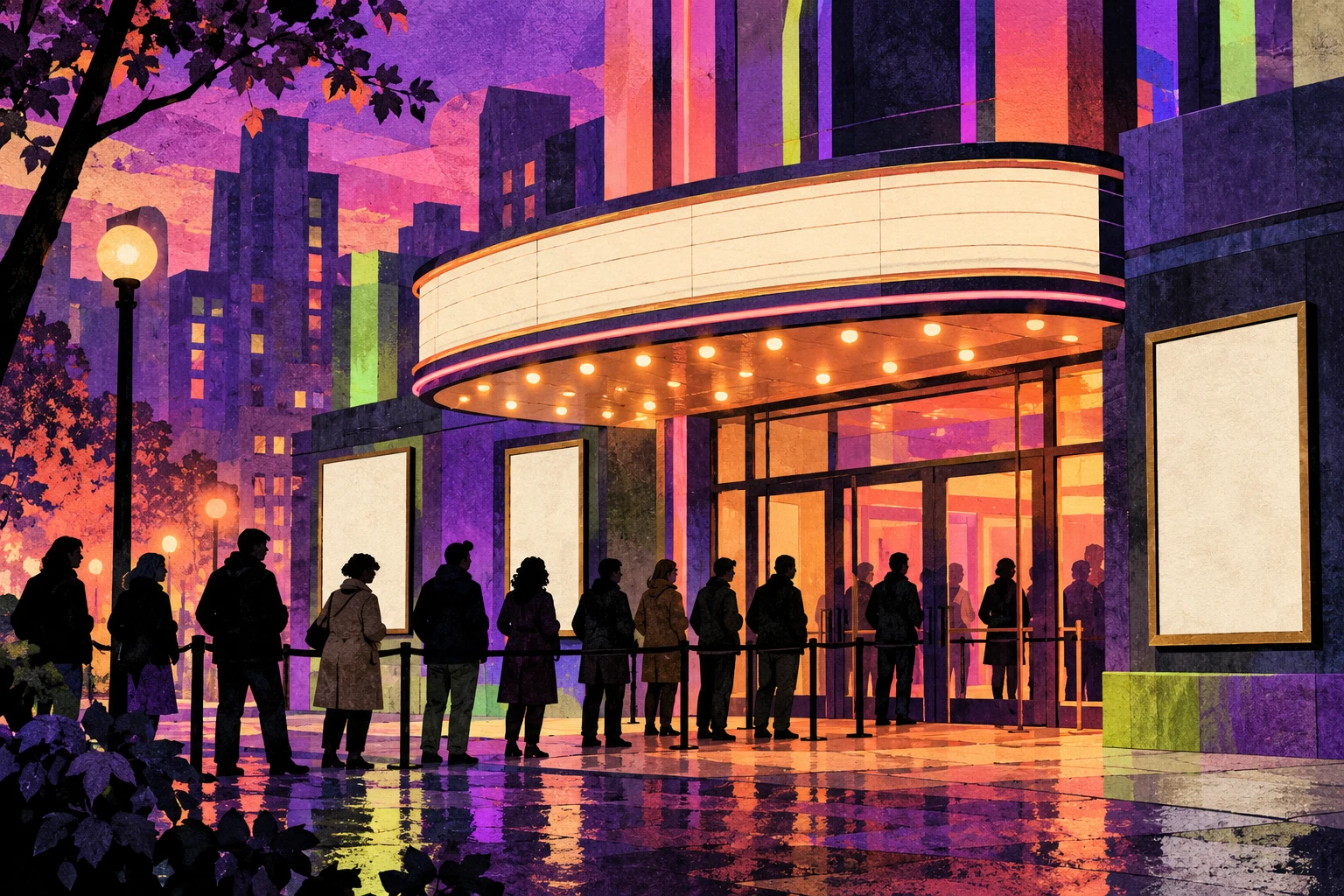 Entrada de cine y público imaginarios en collage; ilustración IA sin sede, película o asistencia real.