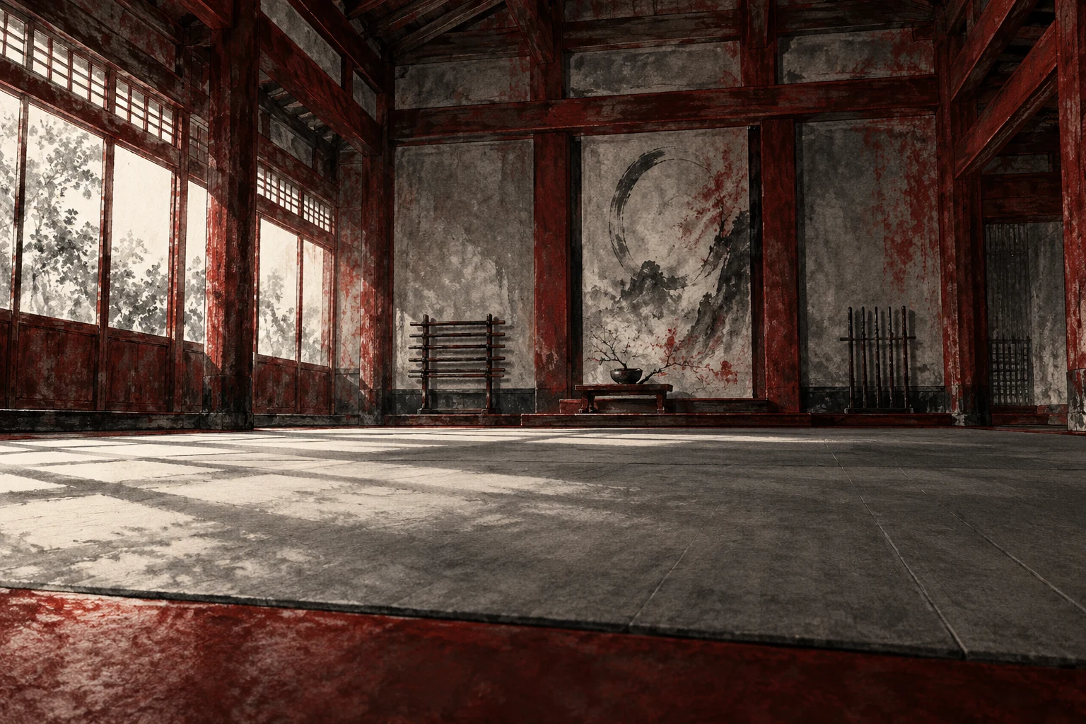 Ilustración IA de una sala de entrenamiento vacía e imaginaria; no es un fotograma de Karateka ni representa a Sandra Sánchez, sus actores o una sede real.