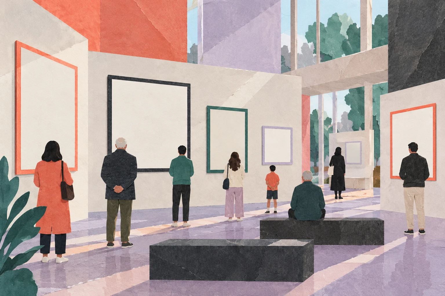 Ilustración IA de visitantes ficticios en una galería imaginaria; no reproduce fotografías, sedes ni asistentes de la Semana de la Imagen de Soria.