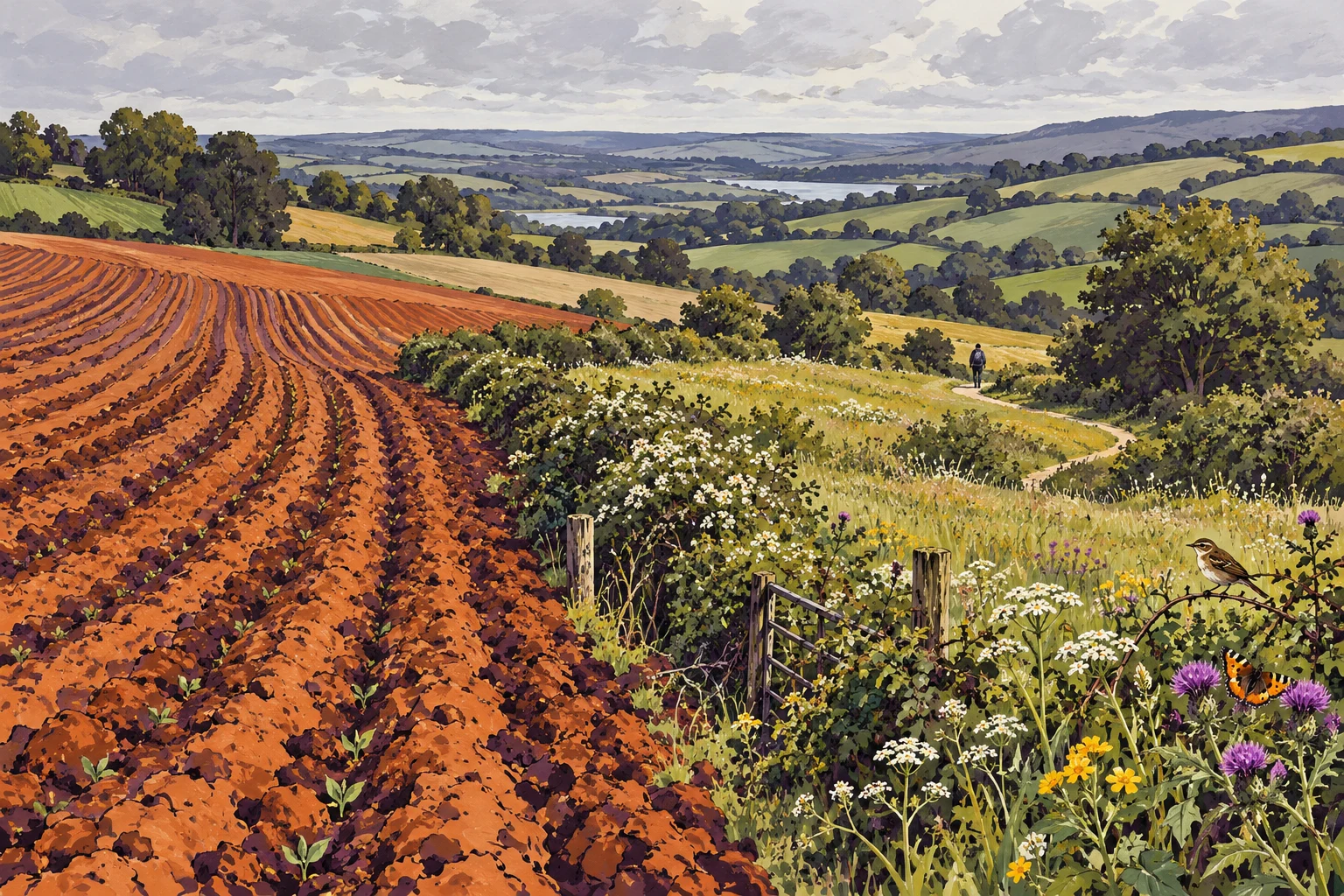 Ilustración IA de cultivos y vegetación en un paisaje inventado; no es un fotograma de Derek vs Derek ni muestra sus granjas o protagonistas.