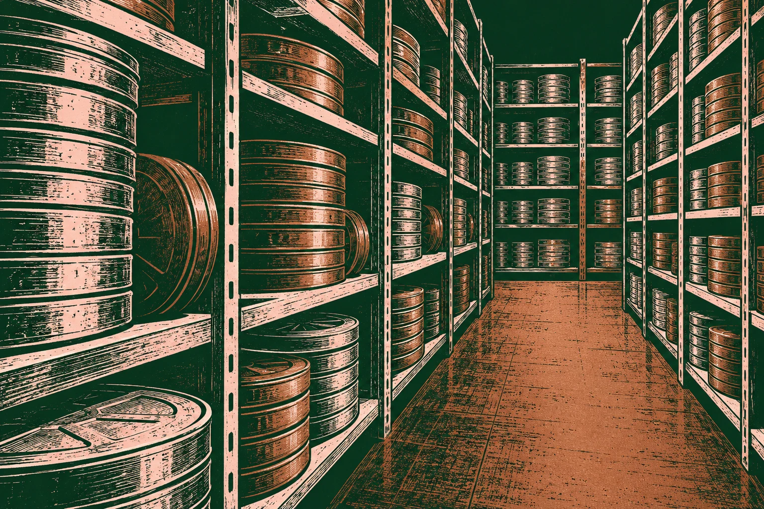 Ilustración IA de un archivo cinematográfico inventado; no reproduce Filmoteca Española, sus fondos ni sus instalaciones.