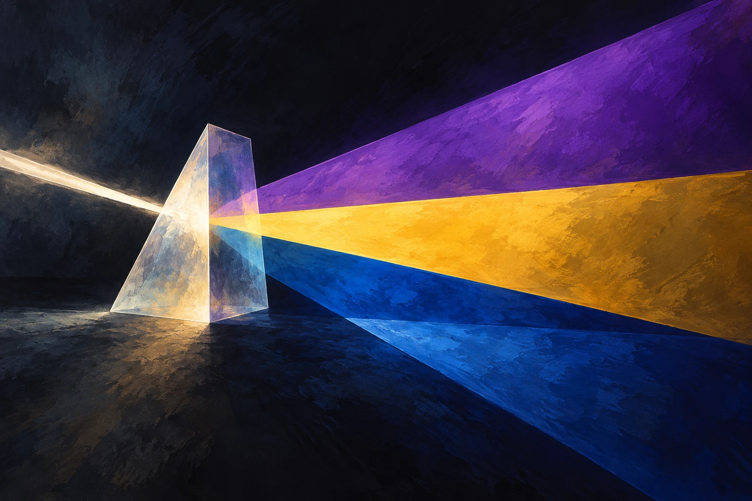 Ilustración IA conceptual de luz y un prisma inventado; no reproduce una película, una obra artística, una campaña real ni una concesión de ayudas.