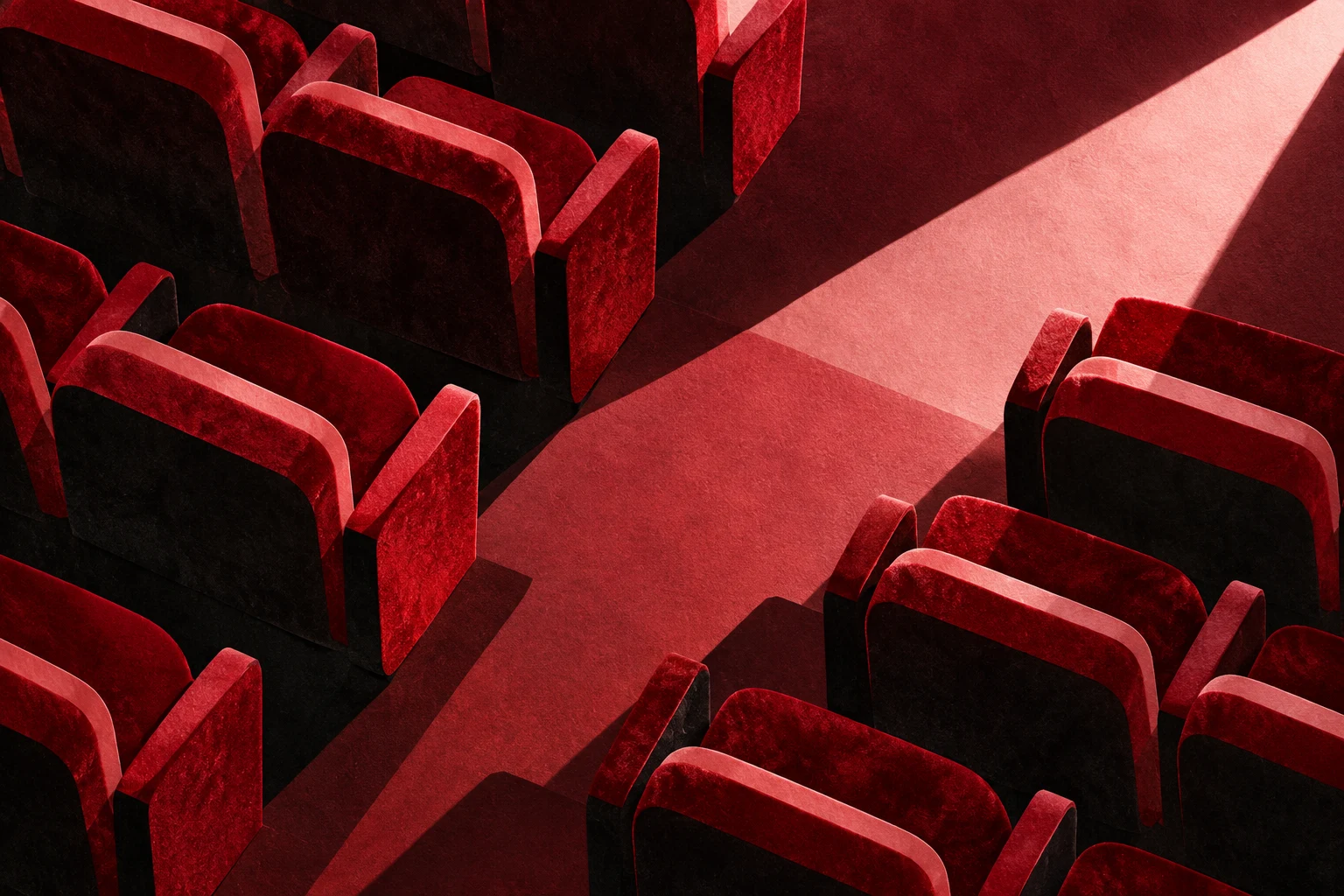 Ilustración IA de butacas vacías y haces de luz imaginarios; no representa una sala de MERCI, una película ni asistencia real.