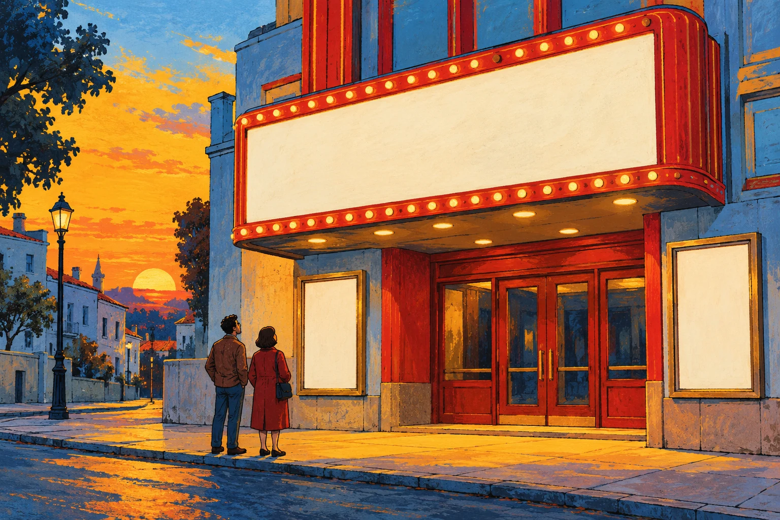 Ilustración IA de un cine y visitantes ficticios con cartelera vacía; no reproduce El niño, sus actores ni un estreno real.
