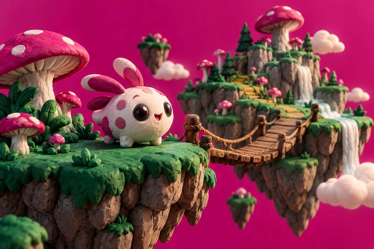 Ilustración IA de una isla fantástica de plastilina y una criatura originales; no reproduce un videojuego probado, un prototipo ni un proyecto subvencionado.