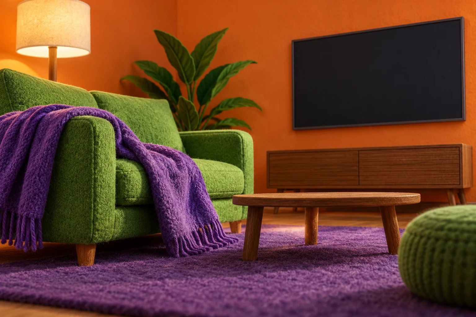 Ilustración IA de un salón y una pantalla vacía de tela; no reproduce la interfaz de Netflix, un catálogo o una serie reales.