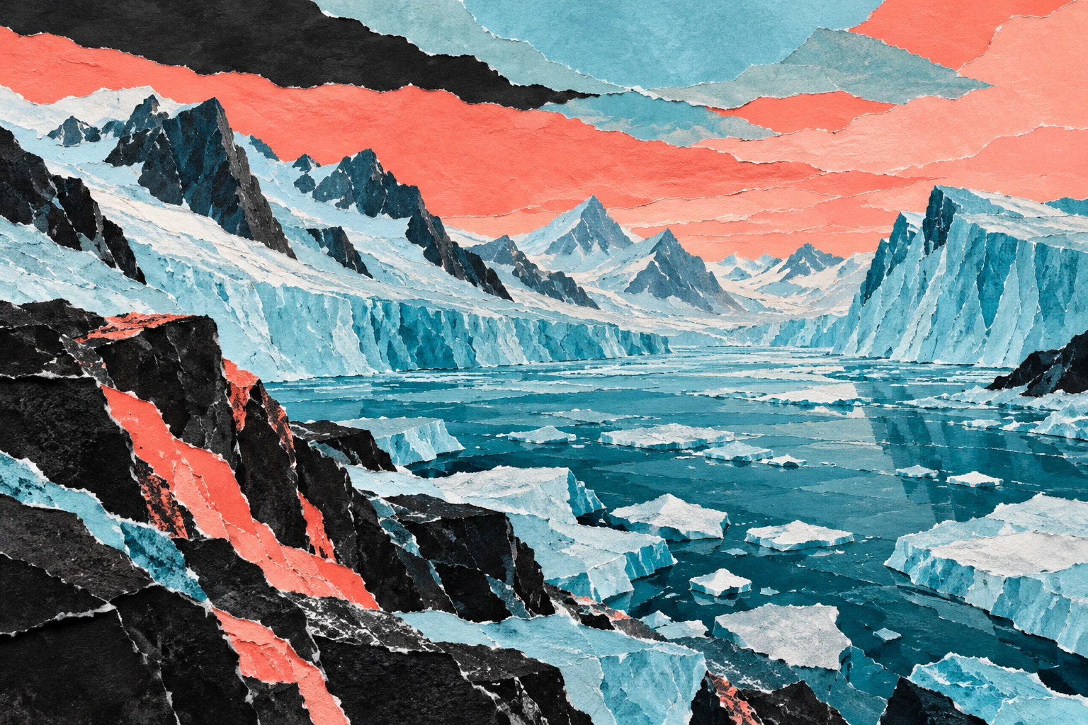 Collage IA de un paisaje glacial totalmente imaginario; no reproduce fotogramas de La Pietà, lugares de rodaje ni cambios medidos del hielo.