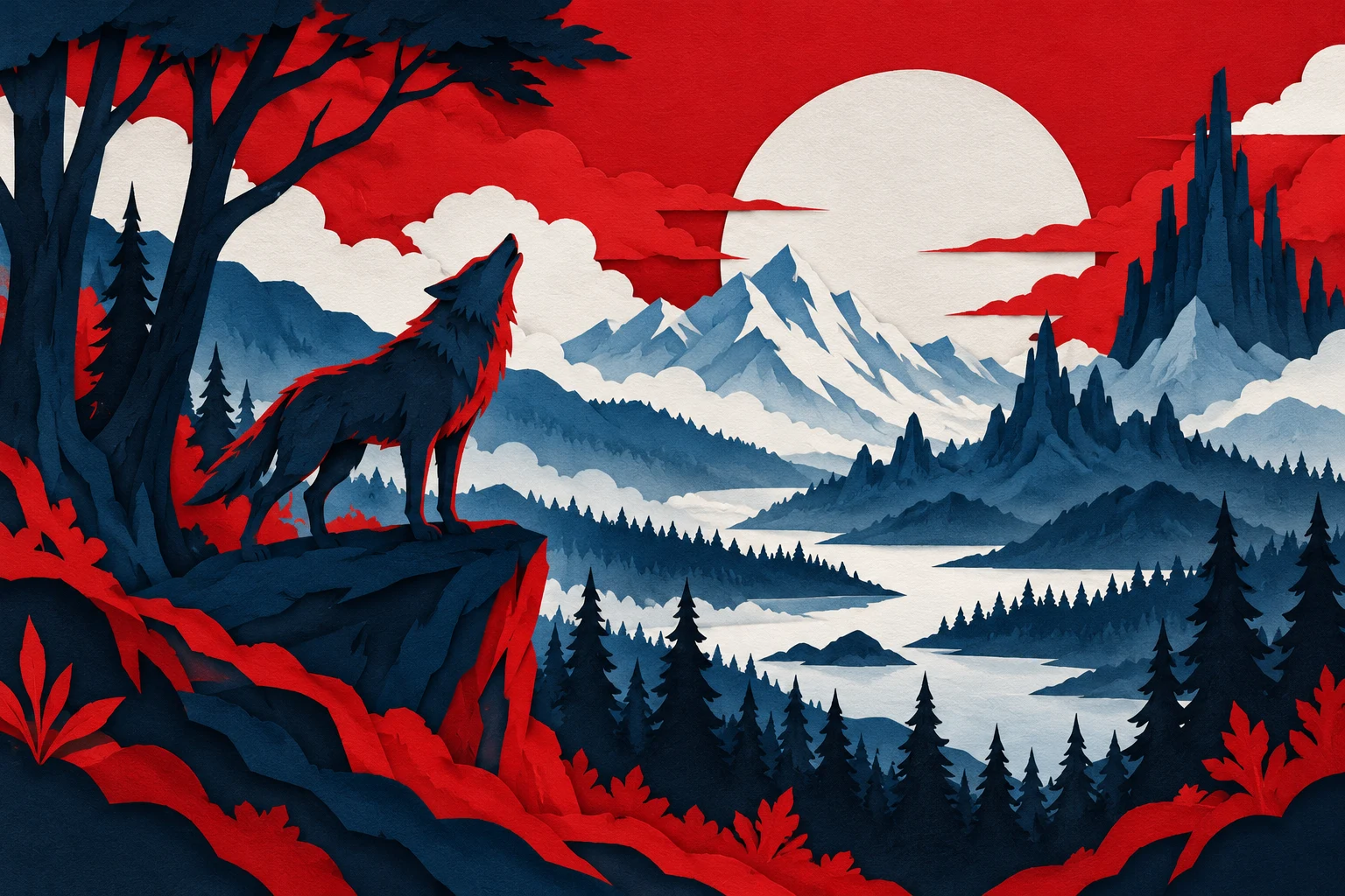 Collage de gouache IA de un bosque y un lobo imaginarios, sin representar animales filmados, Andoni Canela, su familia o fotogramas de la película.
