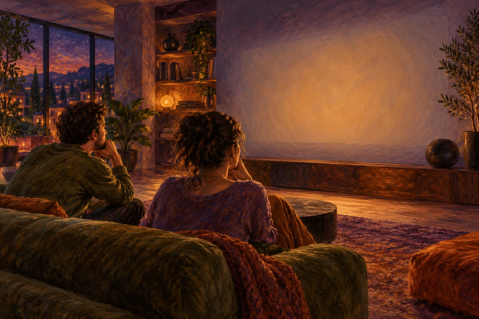 Adultos ficticios ante una proyección vacía en una sala imaginaria; ilustración IA.