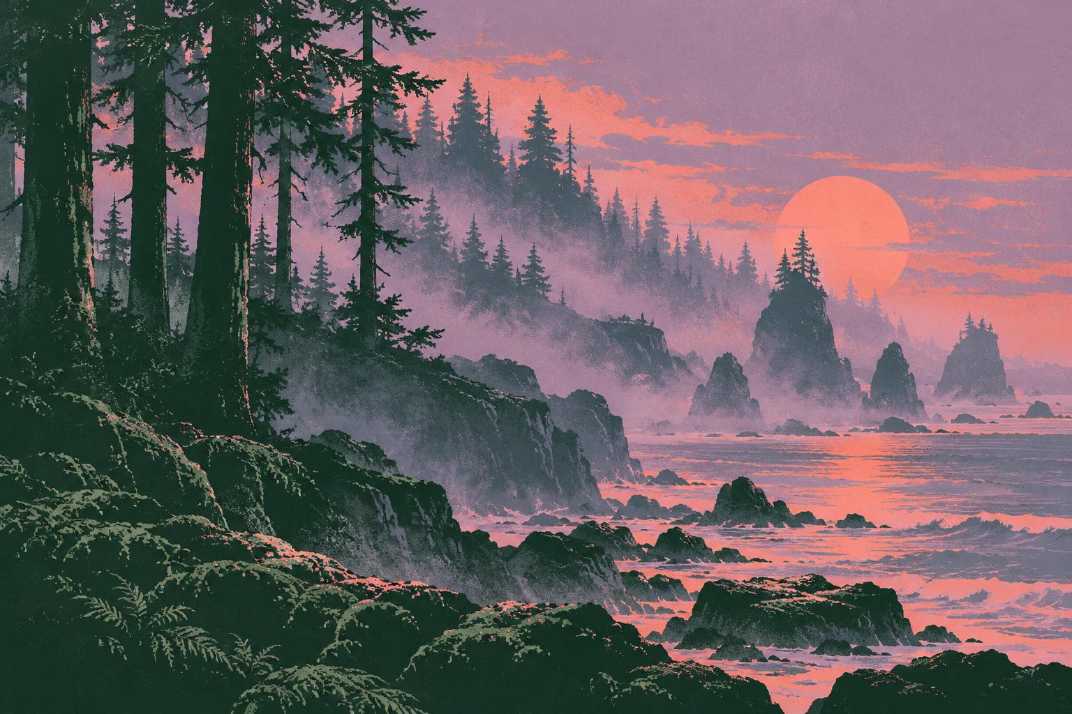 Bosque y costa imaginarios en serigrafía; ilustración IA ajena a escenas o rodajes de Yaga.