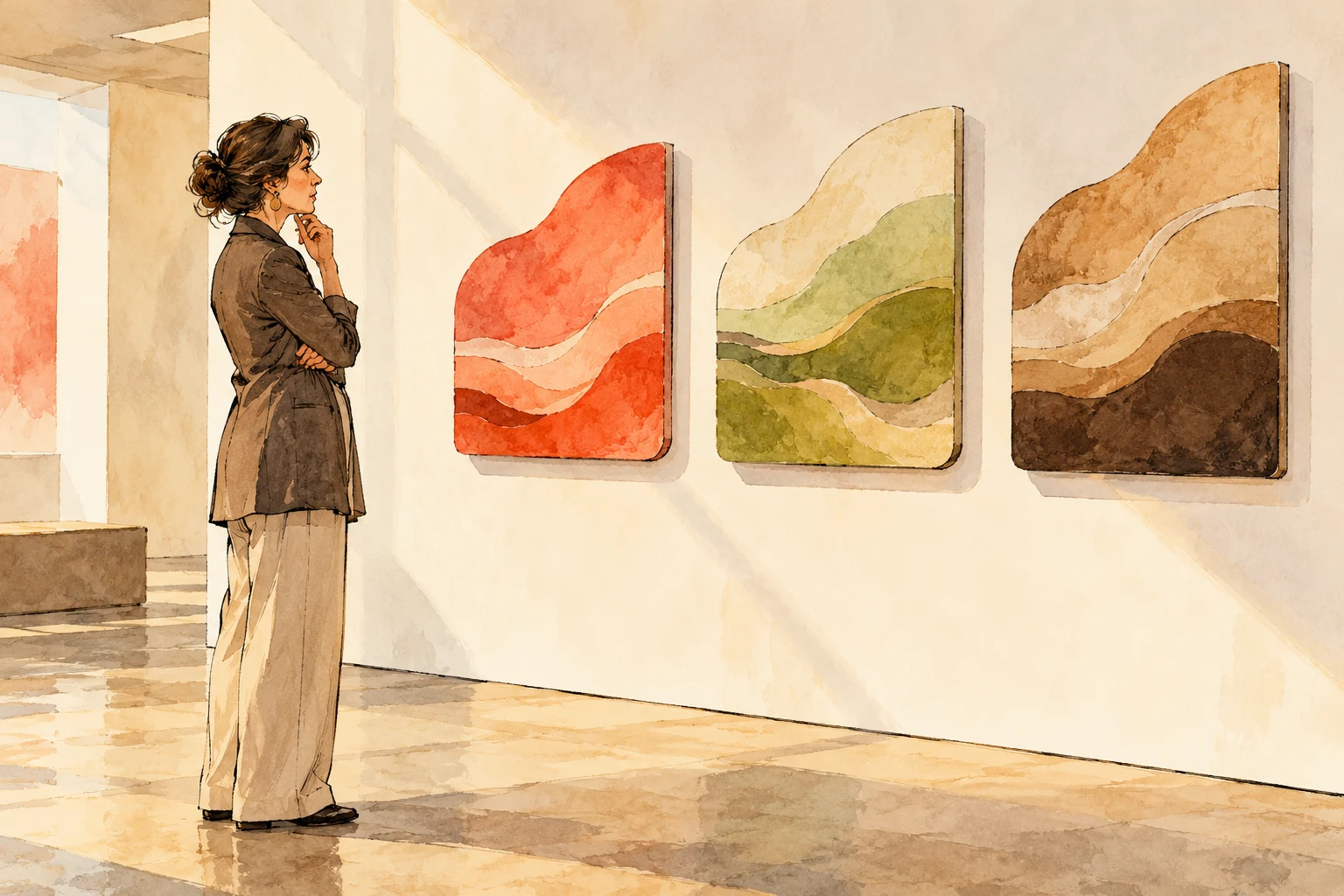 Conservadora ficticia ante tres paneles abstractos en tinta y aguadas; ilustración IA sin códigos, obras o institución reales.