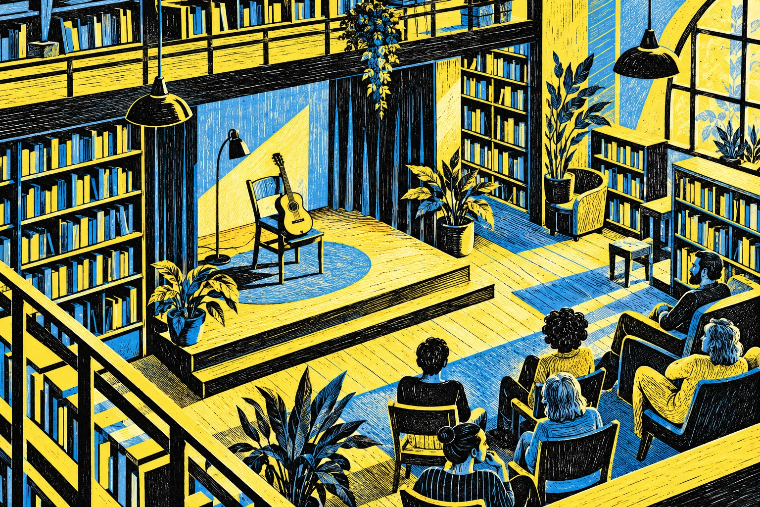 Biblioteca y público adulto completamente ficticios en grabado a color; ilustración IA sin actuación ni asistentes reales.