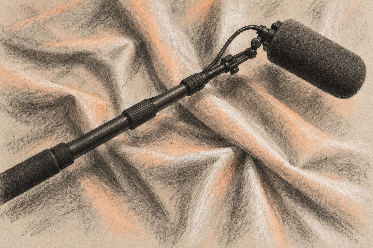 Pértiga y micrófono genéricos dibujados a carboncillo y pastel; ilustración IA sin rodaje, programa o equipo real de Atresmedia.