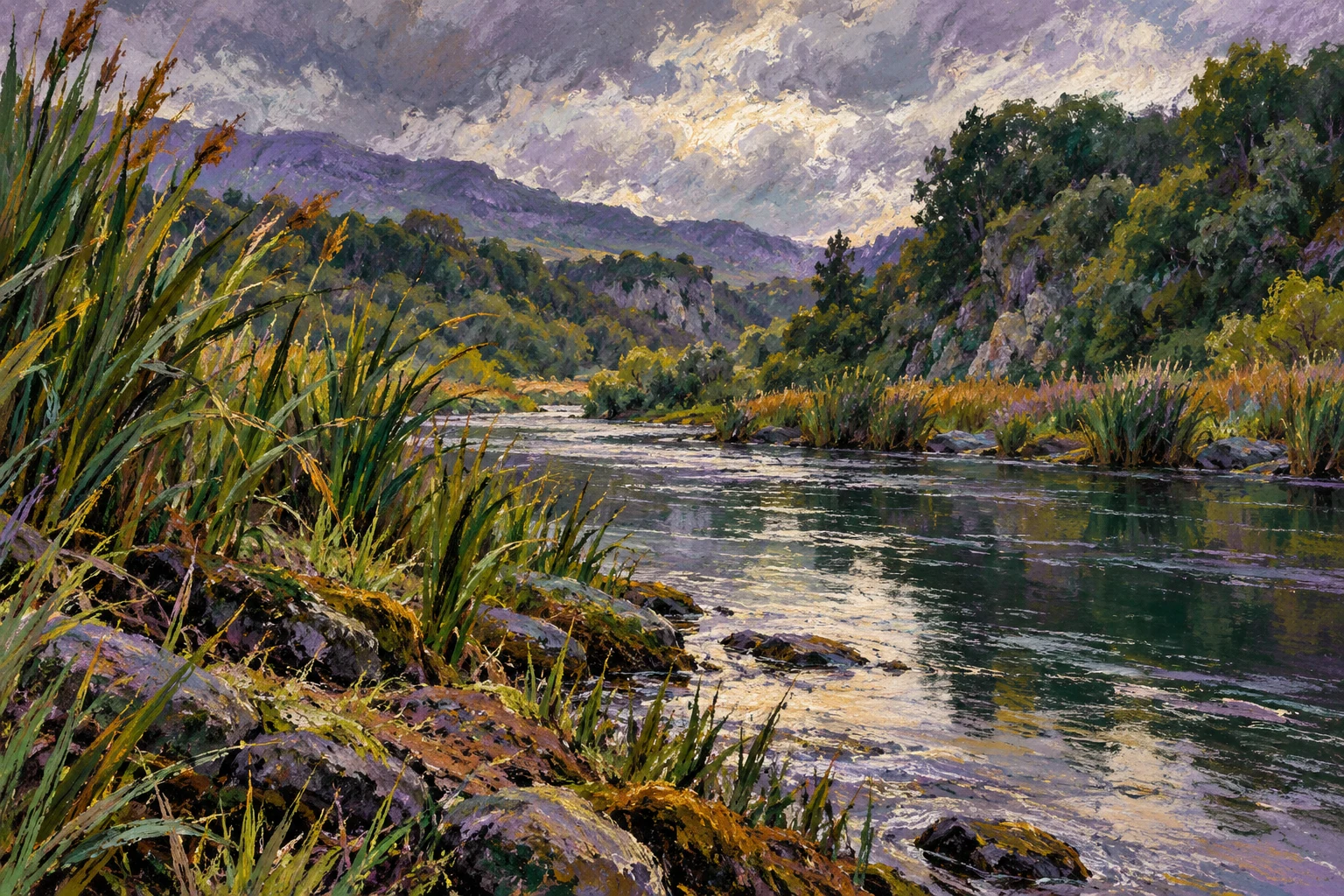 Ribera fluvial completamente imaginaria realizada a pastel al óleo; ilustración IA sin fotograma, río real ni contaminación documentada.