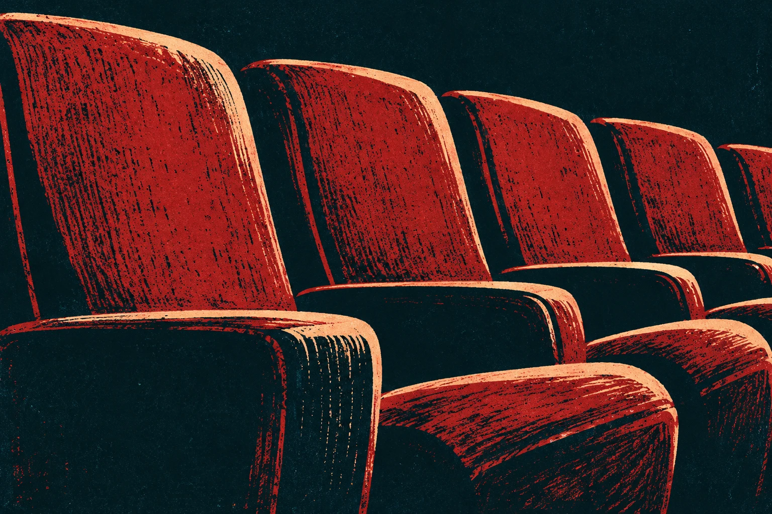 Butacas de cine vacías y ficticias en linograbado; ilustración IA sin reproducción de Sala Berlanga, una película o una sesión reales.