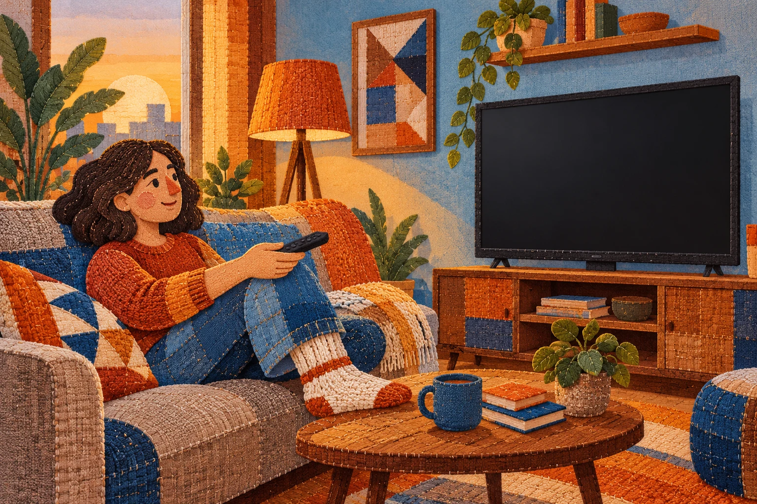 Persona adulta ficticia sostiene un mando en salón de patchwork con televisor sin imagen, ilustración IA.