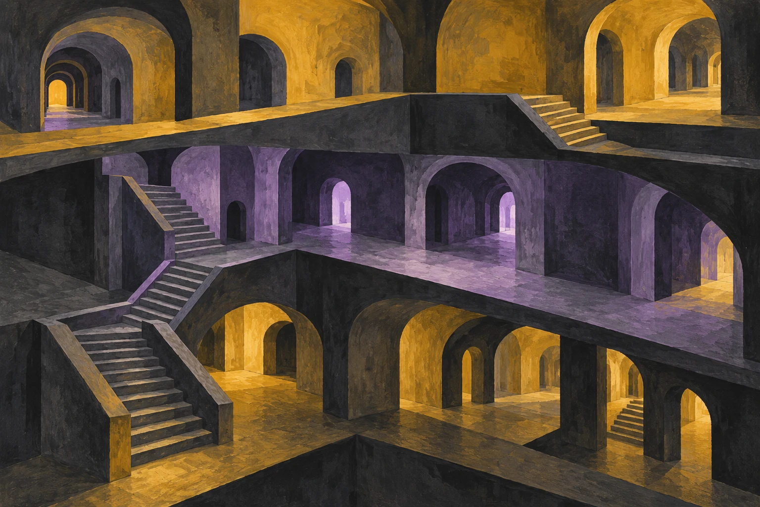 Tres niveles de pasillos y escaleras inventados, gouache IA sin fotogramas ni localización de12 12 12.