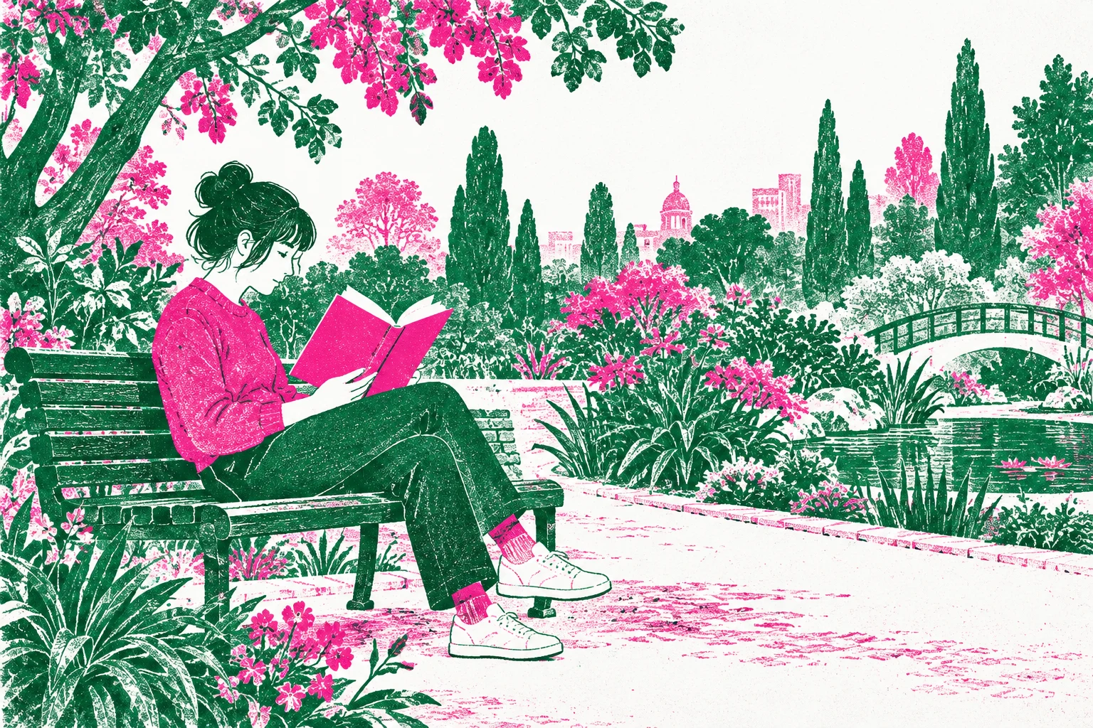 Persona ficticia leyendo un libro liso en jardín imaginario en risografía verde y magenta, ilustración IA sin publicación real o ISBN.