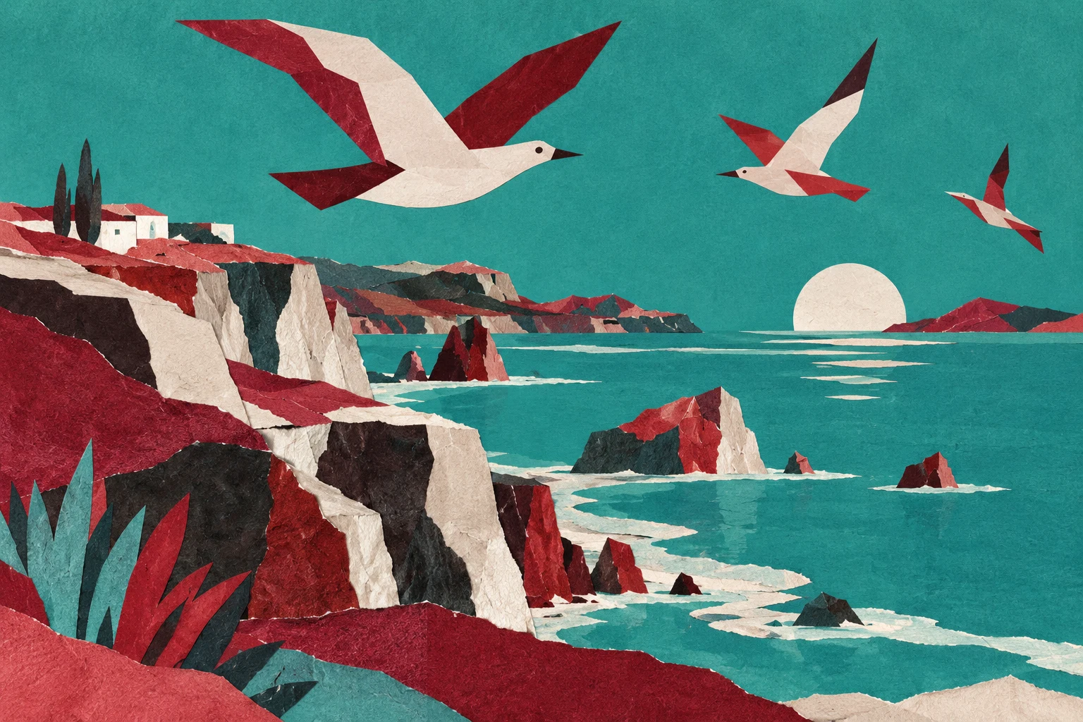 Aves de papel sobre costa inventada en collage, ilustración IA sin fotogramas o localizaciones de las películas.