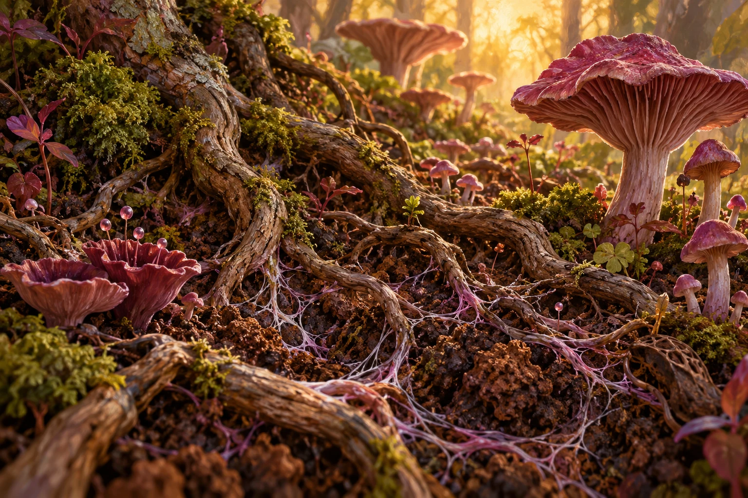 Raíces y hongos imaginarios en óleo generado con IA; concepto de ecosistema, sin fotograma de Elements of(f) Balance ni observación científica real.