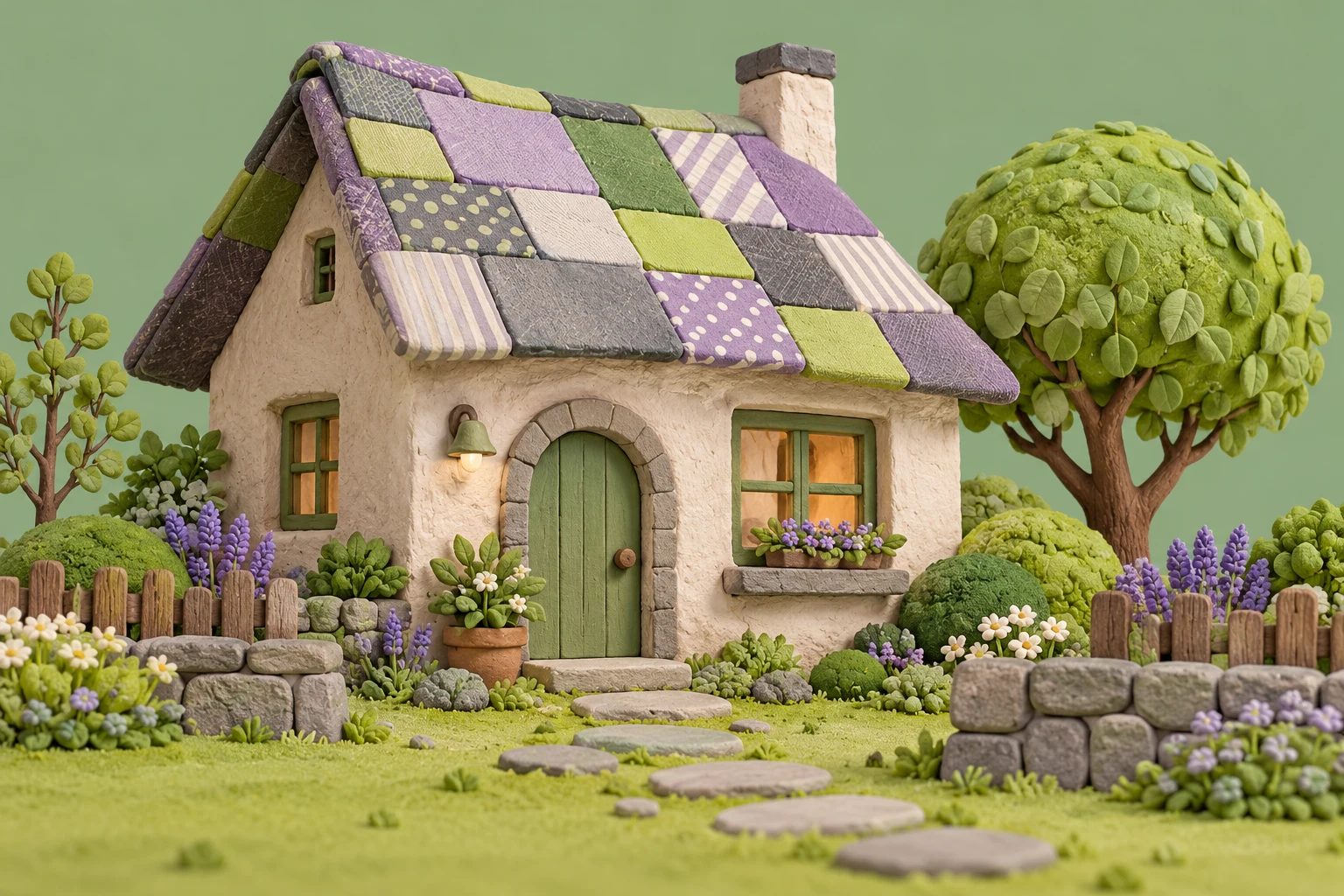 Casa y jardín de arcilla completamente inventados, ilustración IA sin localización, reparto, fotograma o cartel de Love Village.