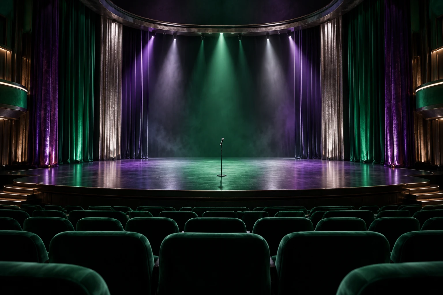 Teatro completamente imaginario vacío con micrófono genérico, fotografía ilustrativa IA; no representa a Maria Bamford, una actuación, Netflix o fotogramas del documental.