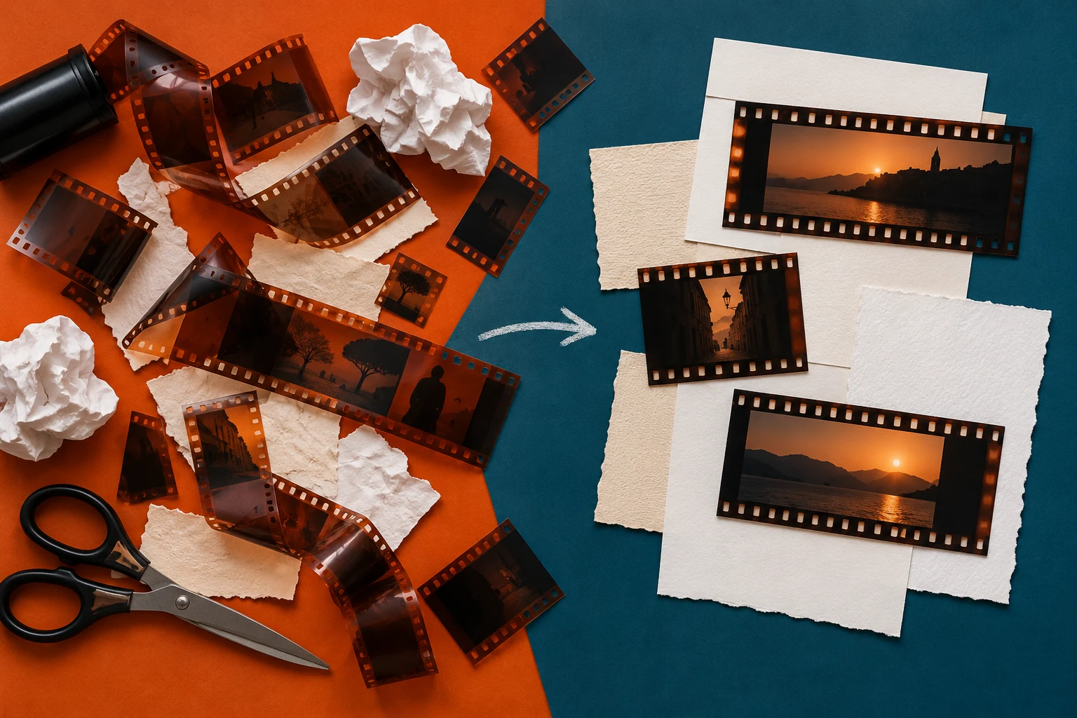 Ilustración IA conceptual: fragmentos de película y papel sin texto. Escena inventada; no documenta personas, sedes, datos o resultados reales.