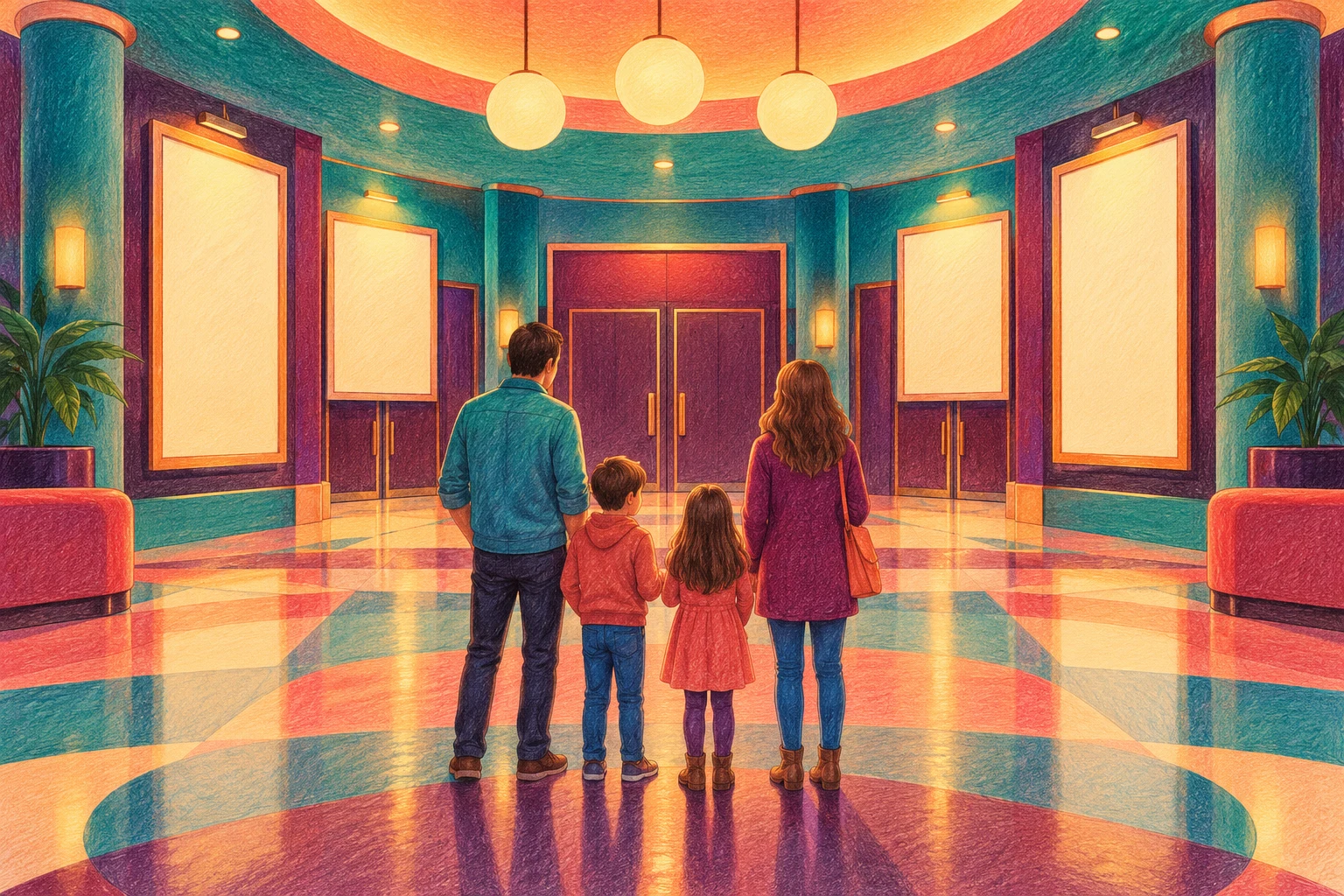 Ilustración IA conceptual: familia ficticia en vestíbulo de cine inventado; no cine Victoria ni sesión real.