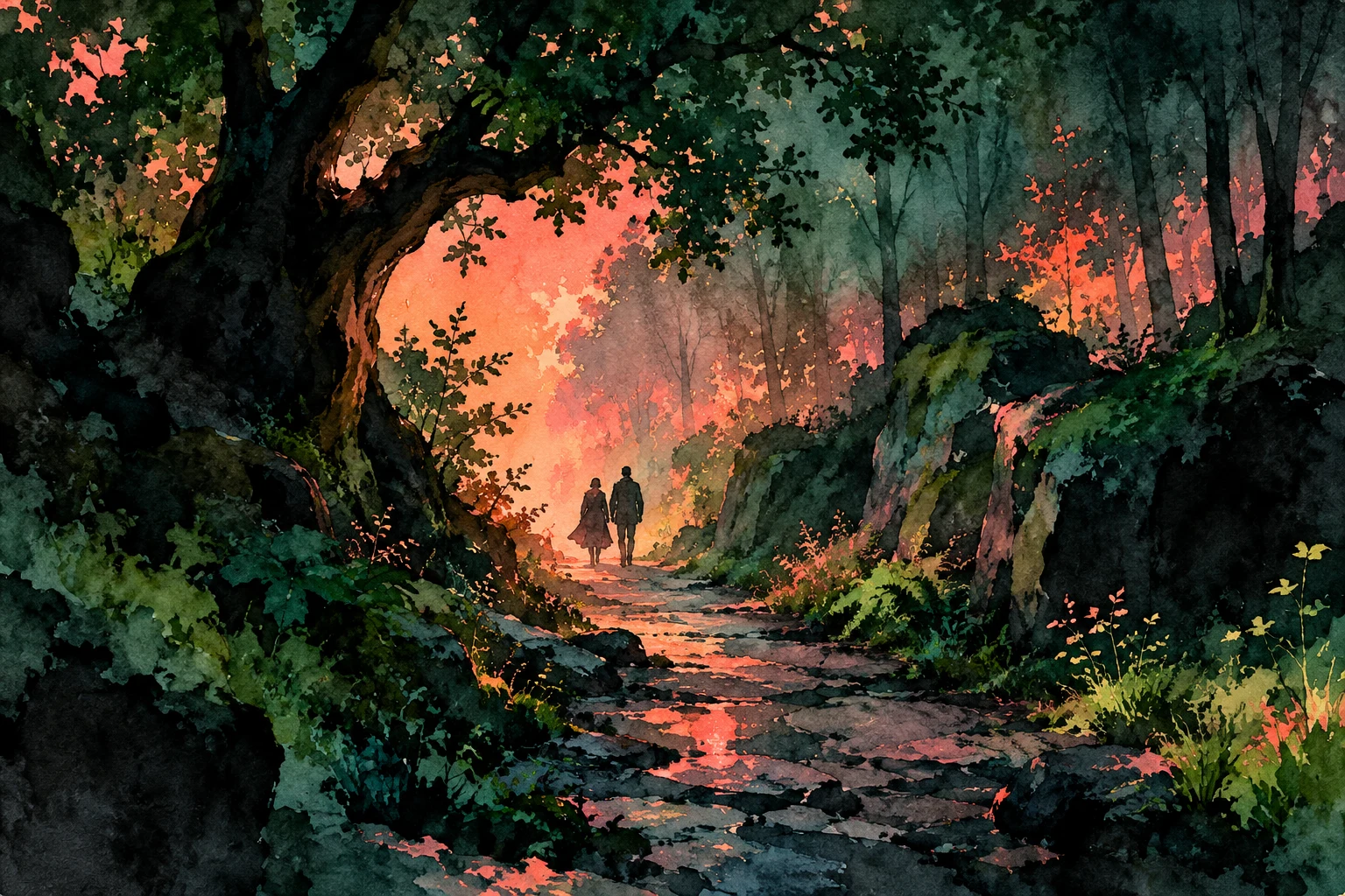 Ilustración IA: dos siluetas adultas ficticias en bosque imaginario. Composición imaginaria, no documenta personas, datos, pruebas o hechos reales.