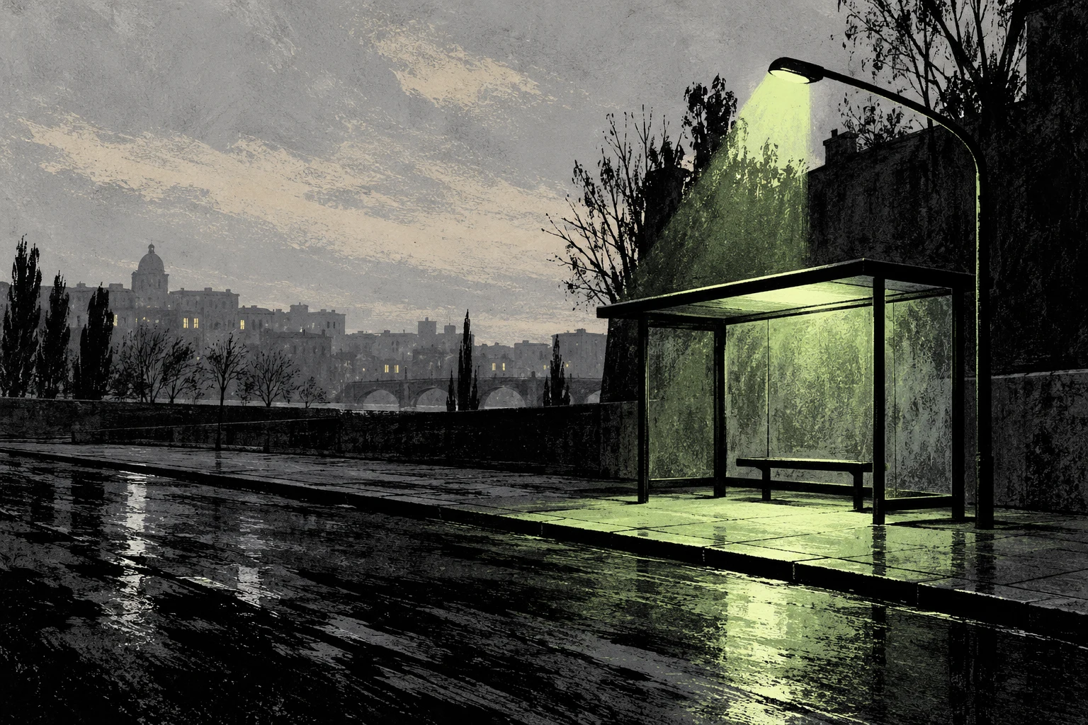 Ilustración IA: parada vacía en calle imaginaria bajo luz lateral. Composición imaginaria, no documenta personas, datos, pruebas o hechos reales.