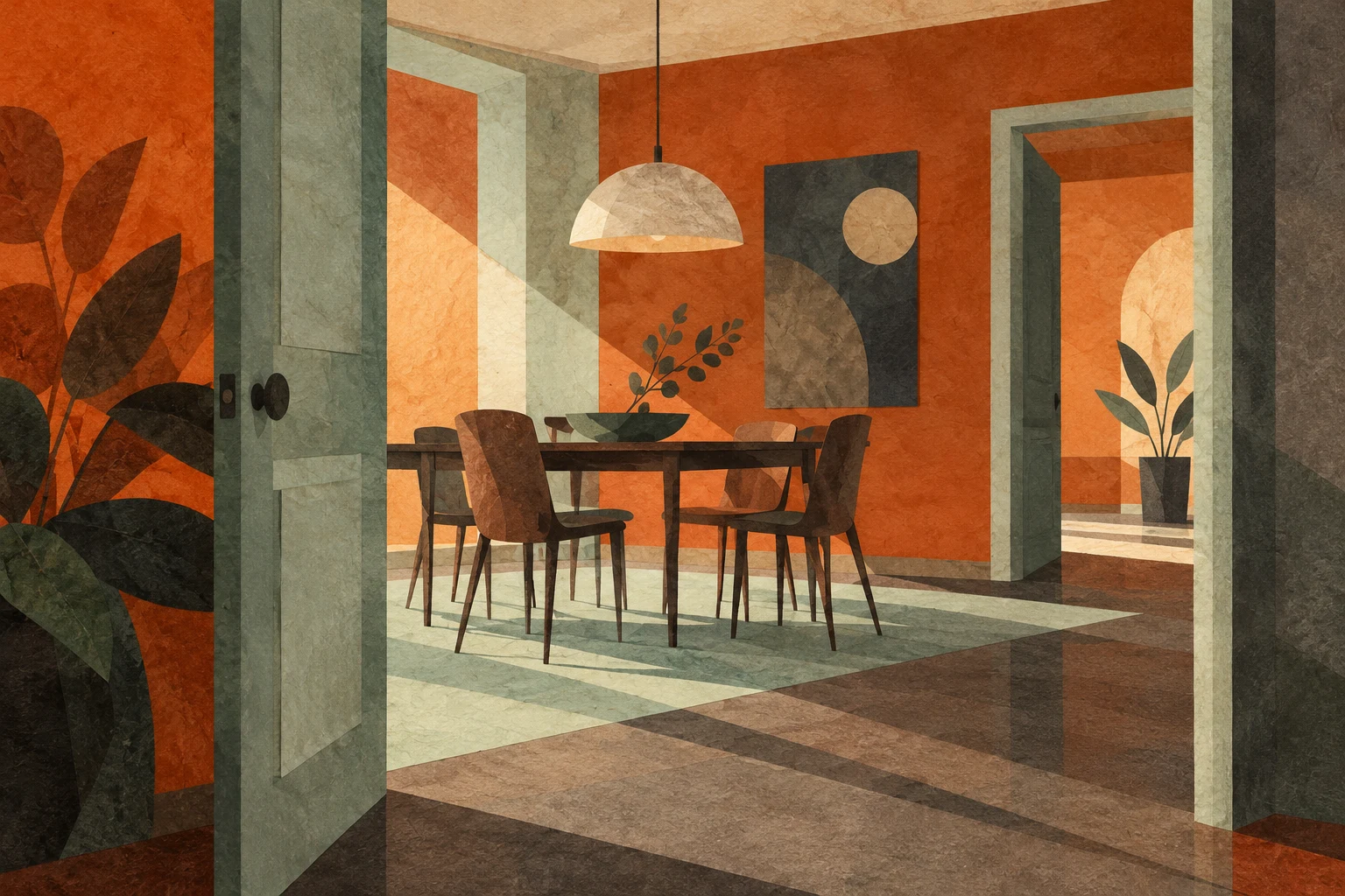 Ilustración IA: dos puertas abiertas hacia un comedor ficticio sin personas. Composición imaginaria, no documenta personas, datos, pruebas o hechos reales.
