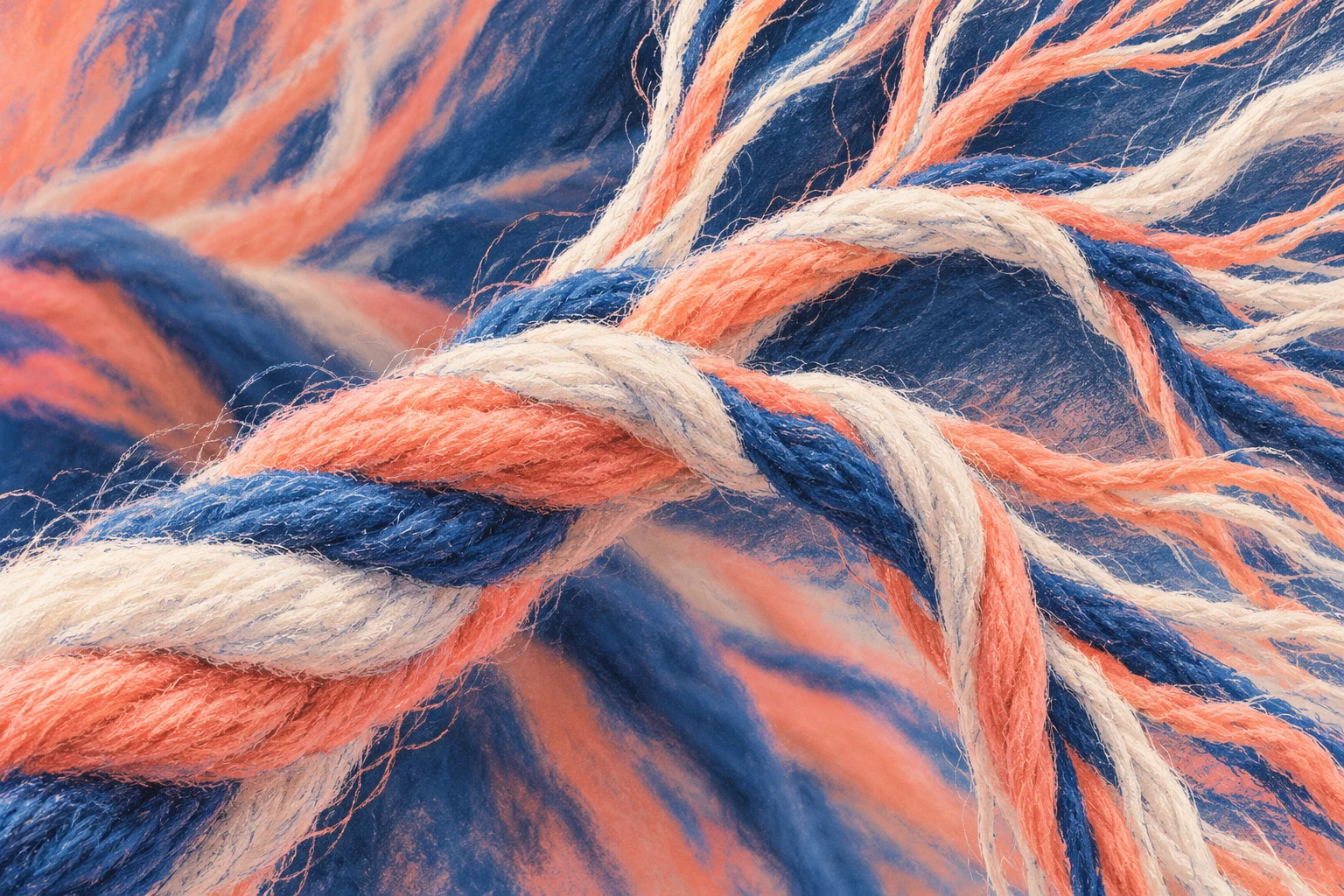 Ilustración IA: cordones textiles imaginarios con ramificaciones, sin iconos ni datos de perfiles. Composición imaginaria, no documenta personas, datos, pruebas o hechos reales.