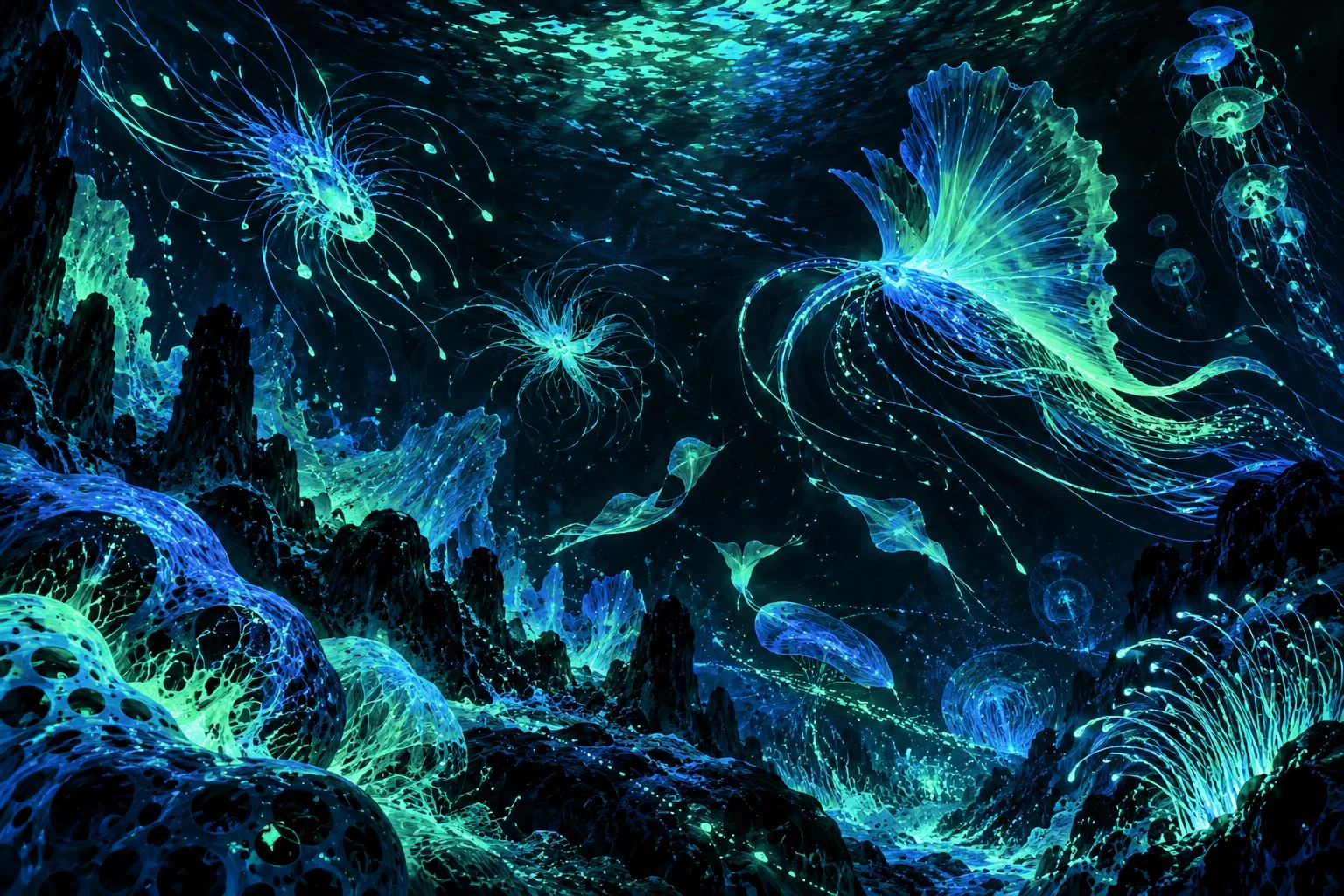 Ilustración IA: formas marinas inventadas y destellos abstractos en agua oscura sin taxonomía, fotograma ni dato científico. Composición imaginaria, no documenta personas, datos, pruebas o hechos reales.