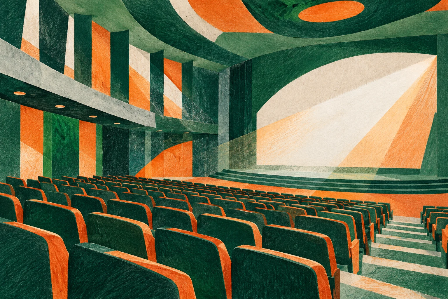 Ilustración IA: filas de asientos y haz de luz en una sala inventada, sin carteles ni fotogramas de películas reales. Composición imaginaria, no documenta personas, datos, pruebas o hechos reales.