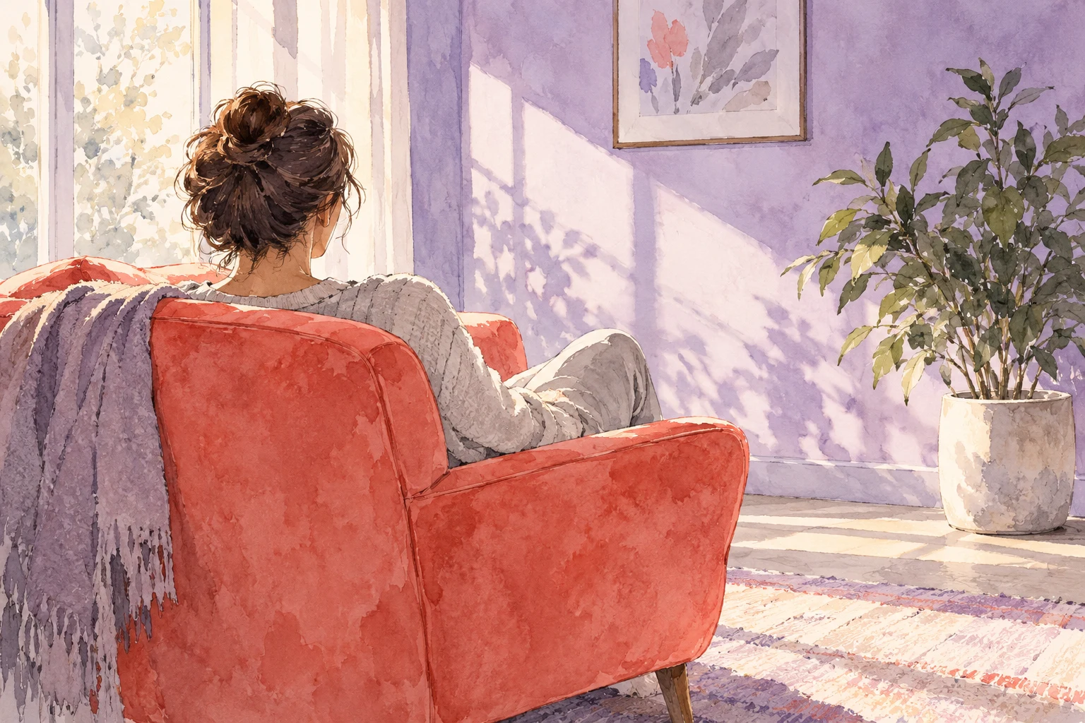 Ilustración IA en aguada: persona adulta ficticia en un sillón coral, sin personajes ni fotogramas de La Promesa.