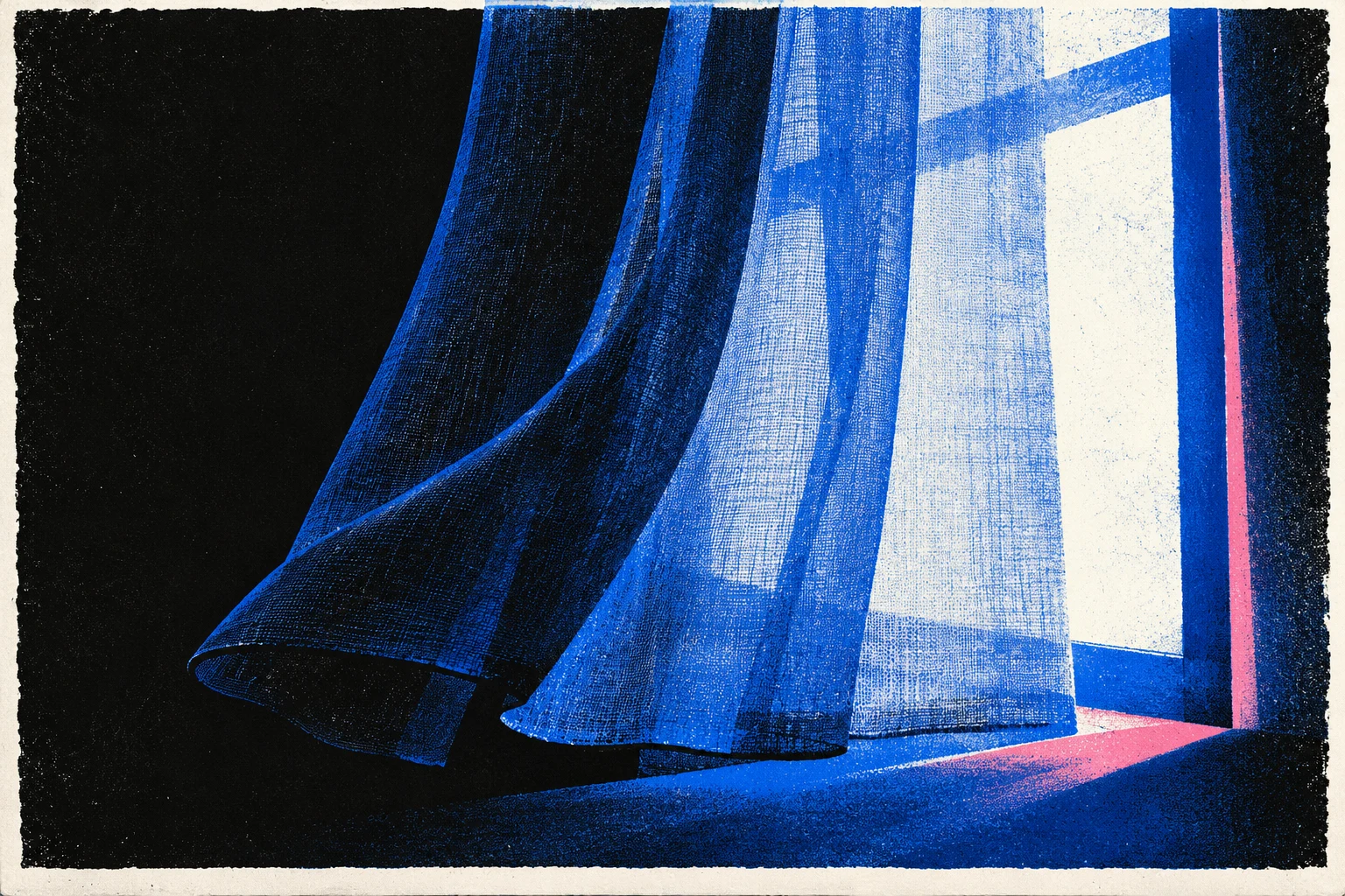 Cortina imaginaria y luz rectangular en serigrafía; ilustración IA sin fotograma, cartel, plataforma real o reproducción comprobada.